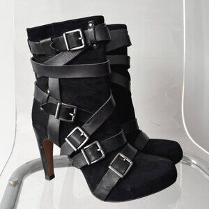 Sam Edelman Kenny black leather suede buckle ankle boots high heel platforms